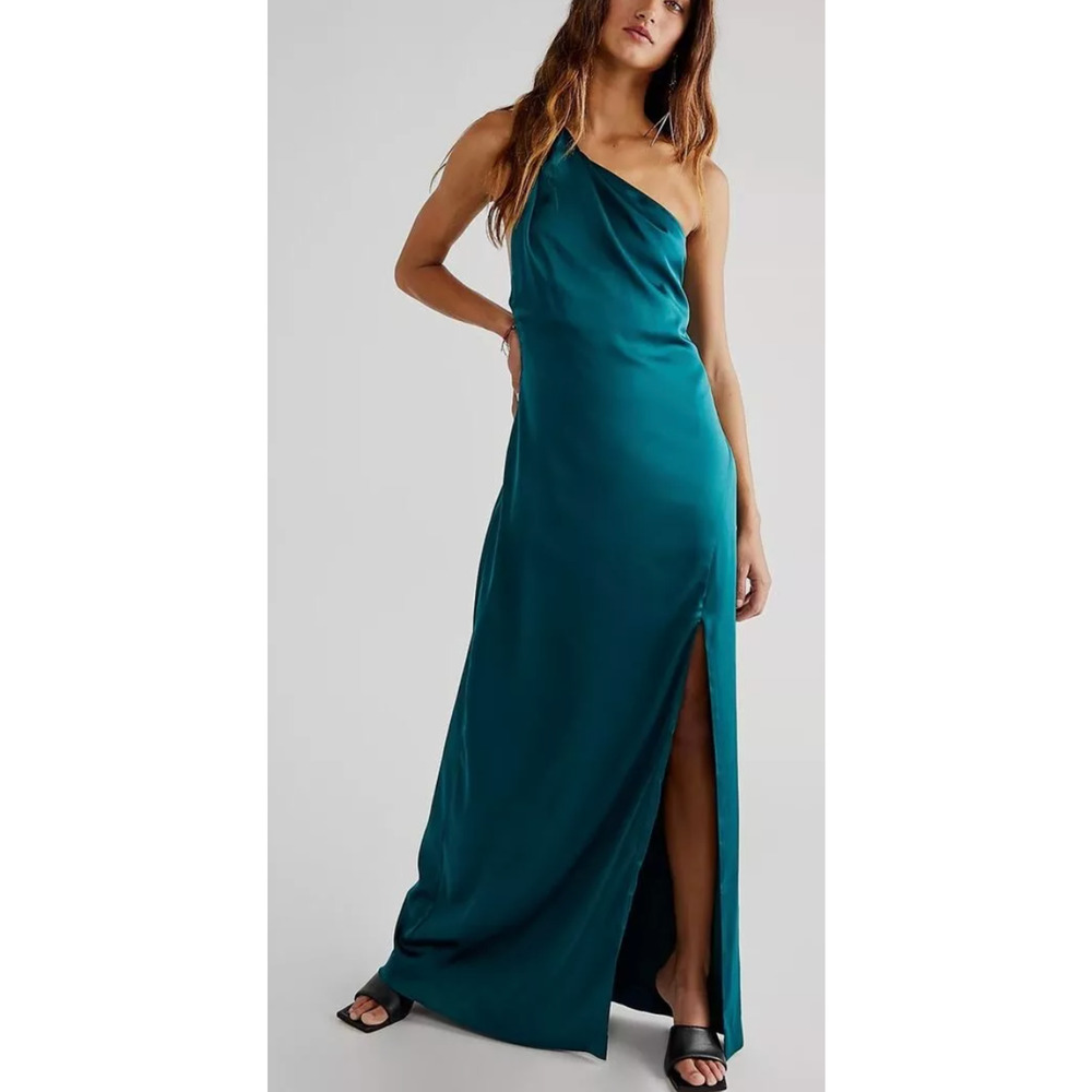 FREE PEOPLE GREEN VICTORIA SILK ONE SHOULDER MAXI DRESS SIZE 0
